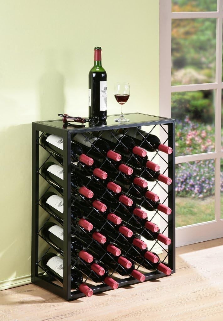 32 Bottle Metal Wine Rack with Glass Top Shelf Free Standing Black Kitchen Bar