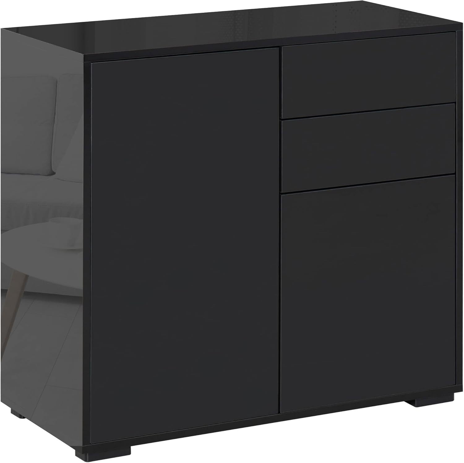 Black High Gloss Sideboard Cabinet 2 Doors 2 Drawers Push-Open Storage