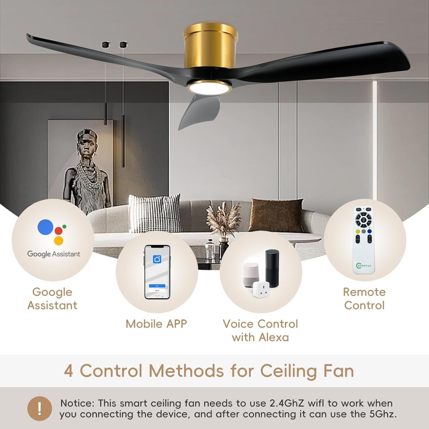 OFANTOP 132CM Ceiling Fan with Light, 3-Blade, 6-Speed, Remote, Black Gold