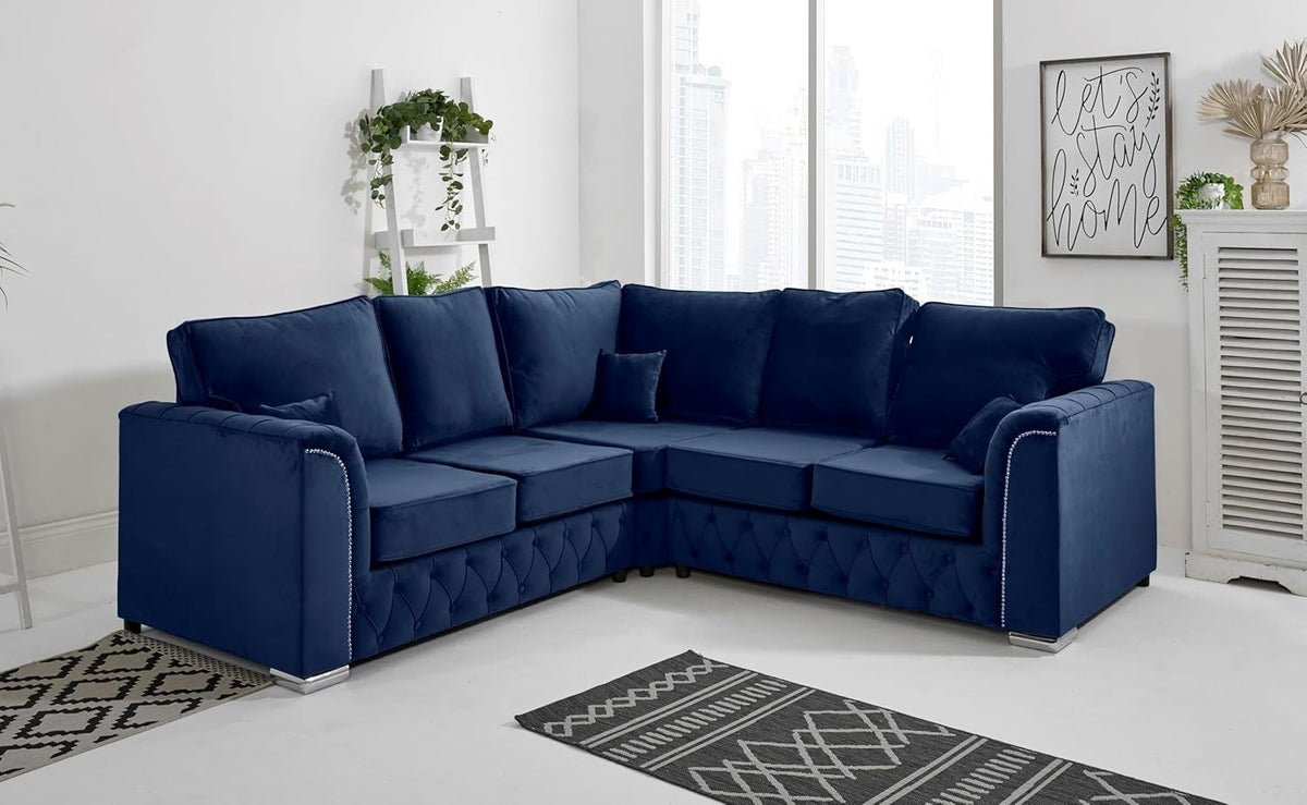 Plush Velvet Blue 5-Seater Corner Sofa, Foam Cushions, Chrome Feet, L-Shape