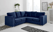 Plush Velvet Blue 5-Seater Corner Sofa, Foam Cushions, Chrome Feet, L-Shape