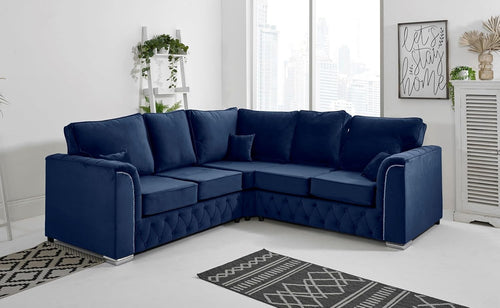 Plush Velvet Blue 5-Seater Corner Sofa, Foam Cushions, Chrome Feet, L-Shape