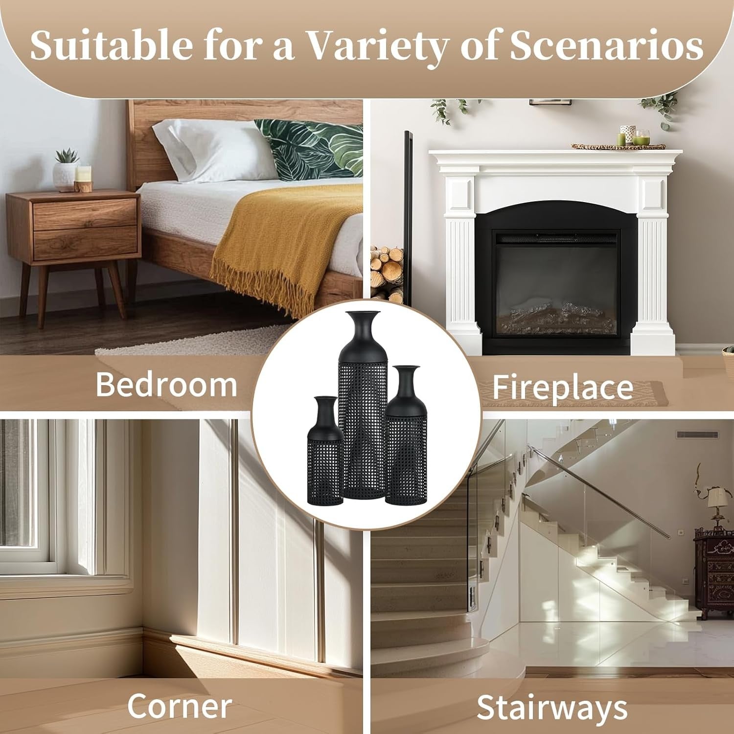 Black Metal Floor Vase Set Tall Modern Living Room Decor 3pcs Statement