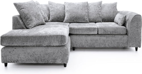 Luxury Light Grey L Shaped Corner Sofa 5 Seater Crushed Chenille Couch