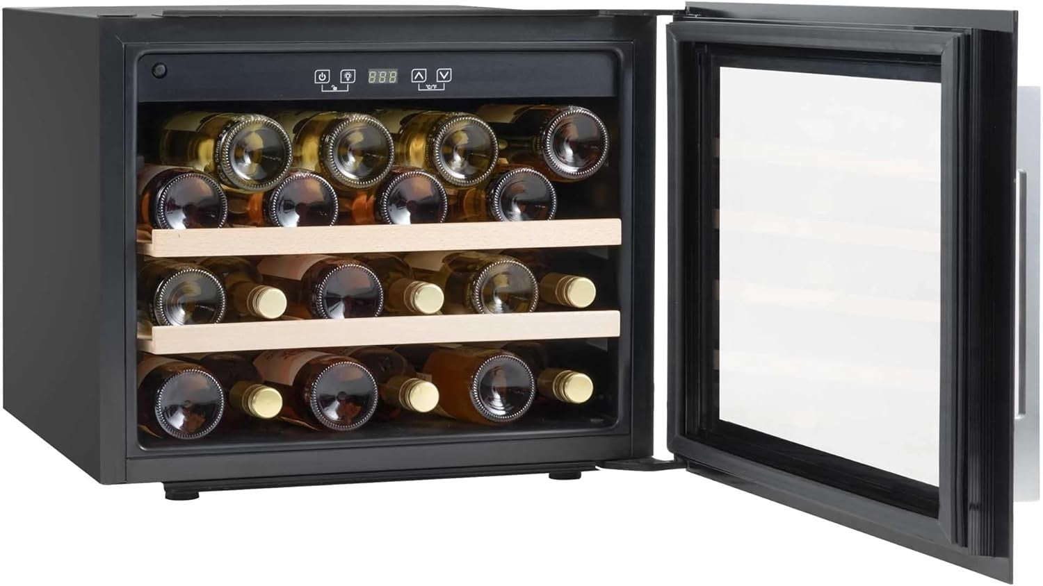 60cm Built In Wine Cooler 28 Bottle Glass Door LED Beech Shelves Black
