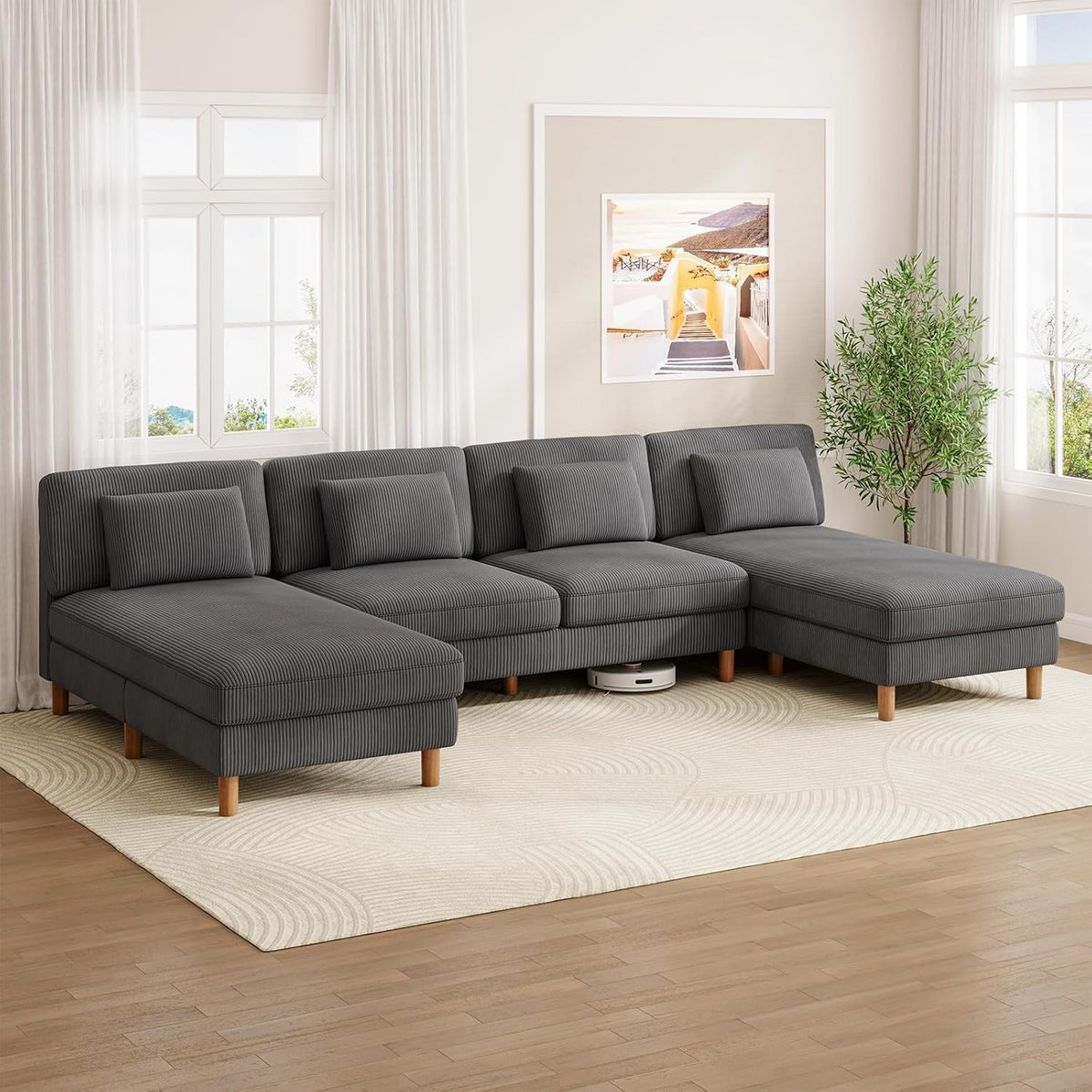 5 Seater U-Shaped Sofa Grey Corduroy with Double Chaise & Washable Covers