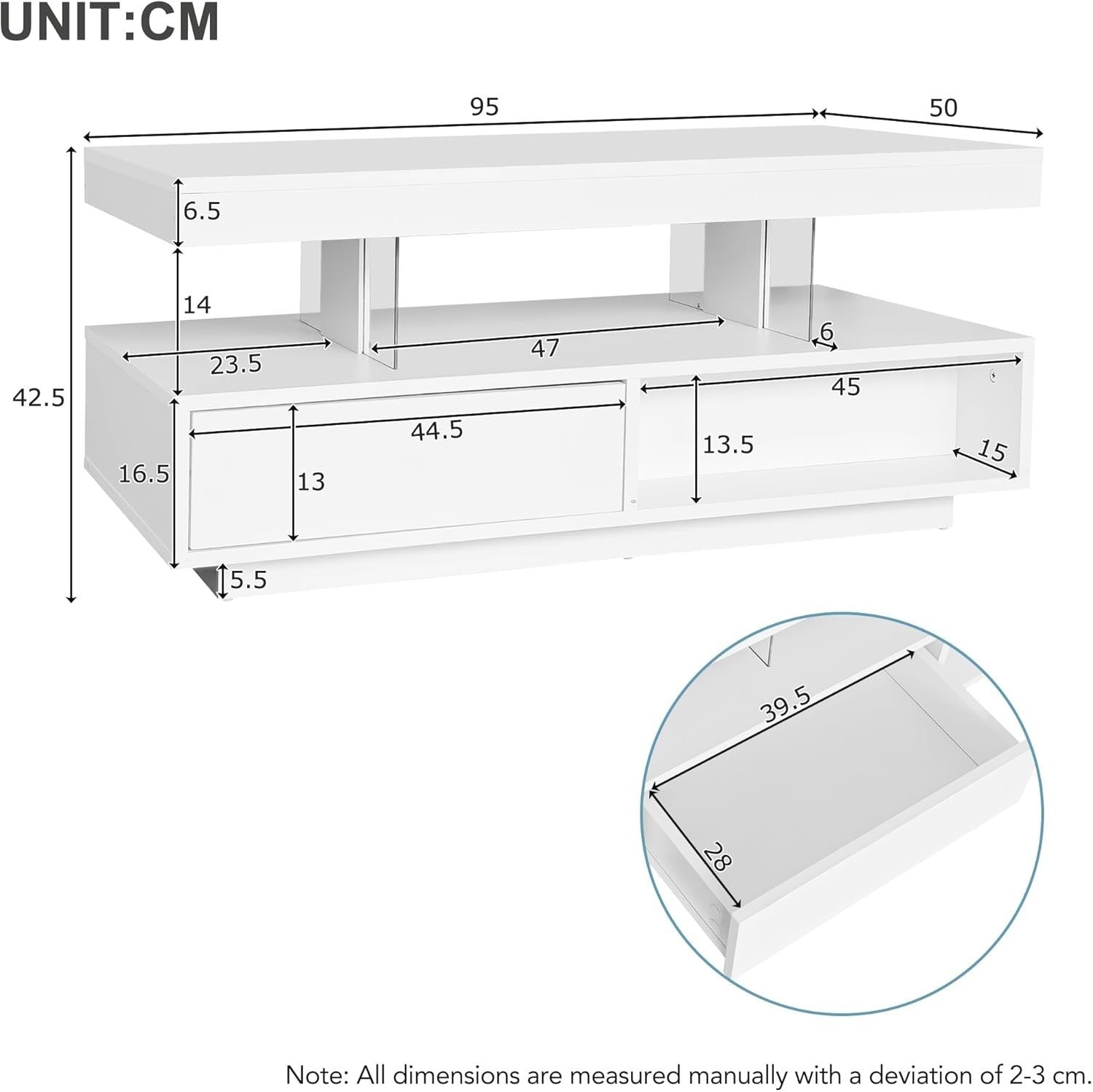Modern High Gloss Coffee Table with 2 Drawers & Bluetooth LED, 95x50x42.5cm