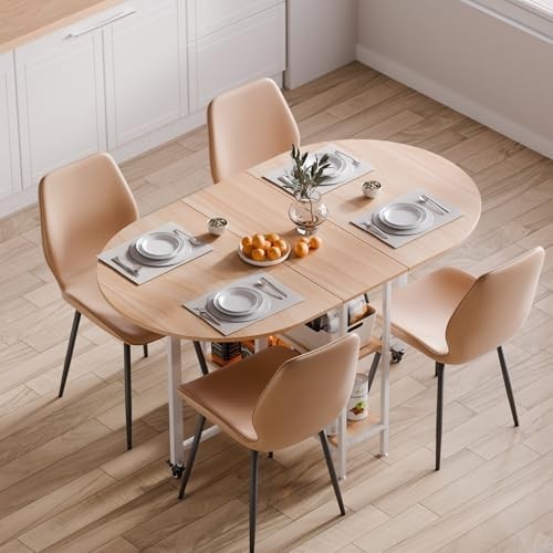 Oak & White Folding Dining Table Drop Leaf Mobile 4-6 Seat 140cm