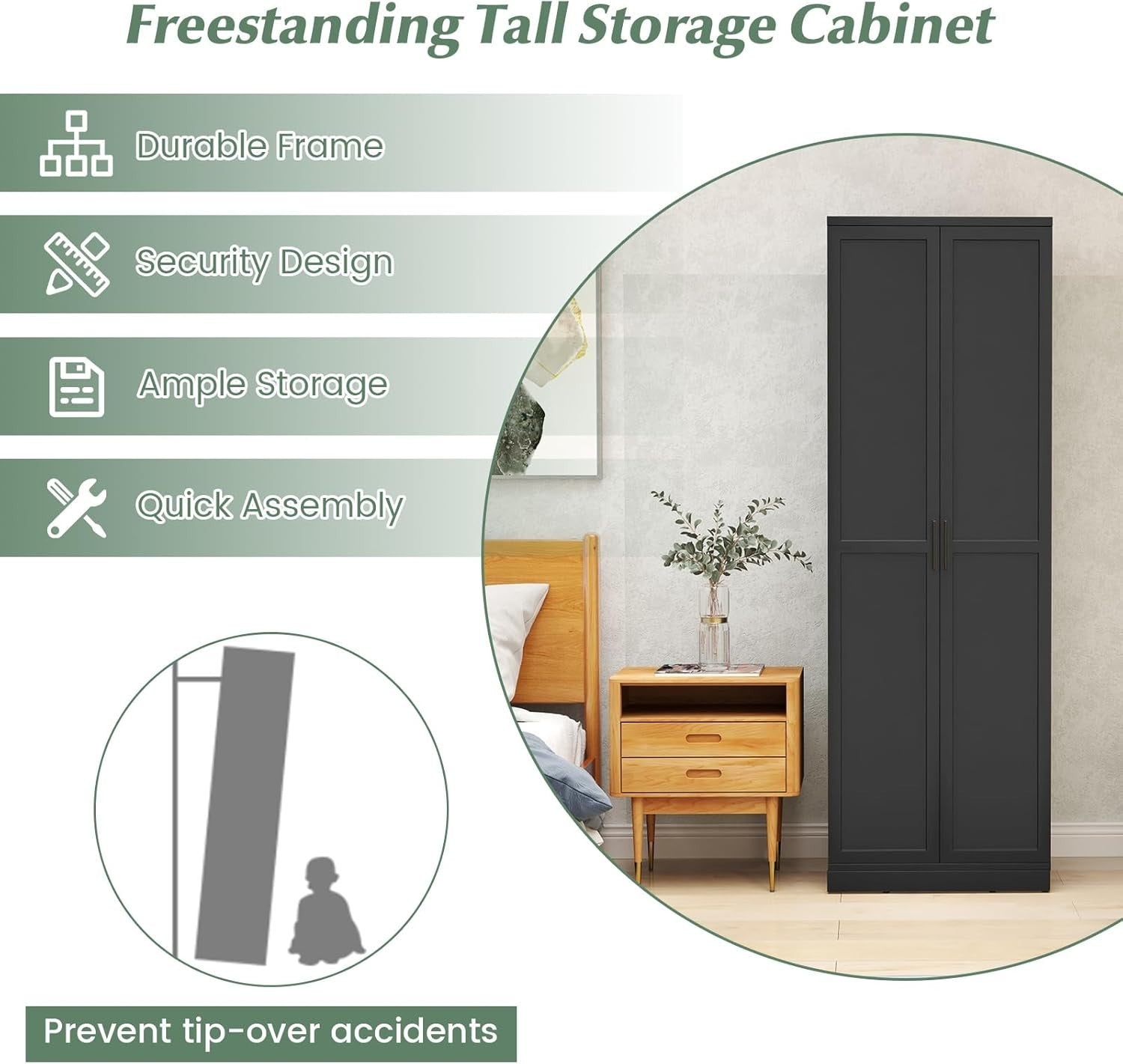 Tall Kitchen Cupboard 5-Tier Storage Cabinet 2 Doors Black