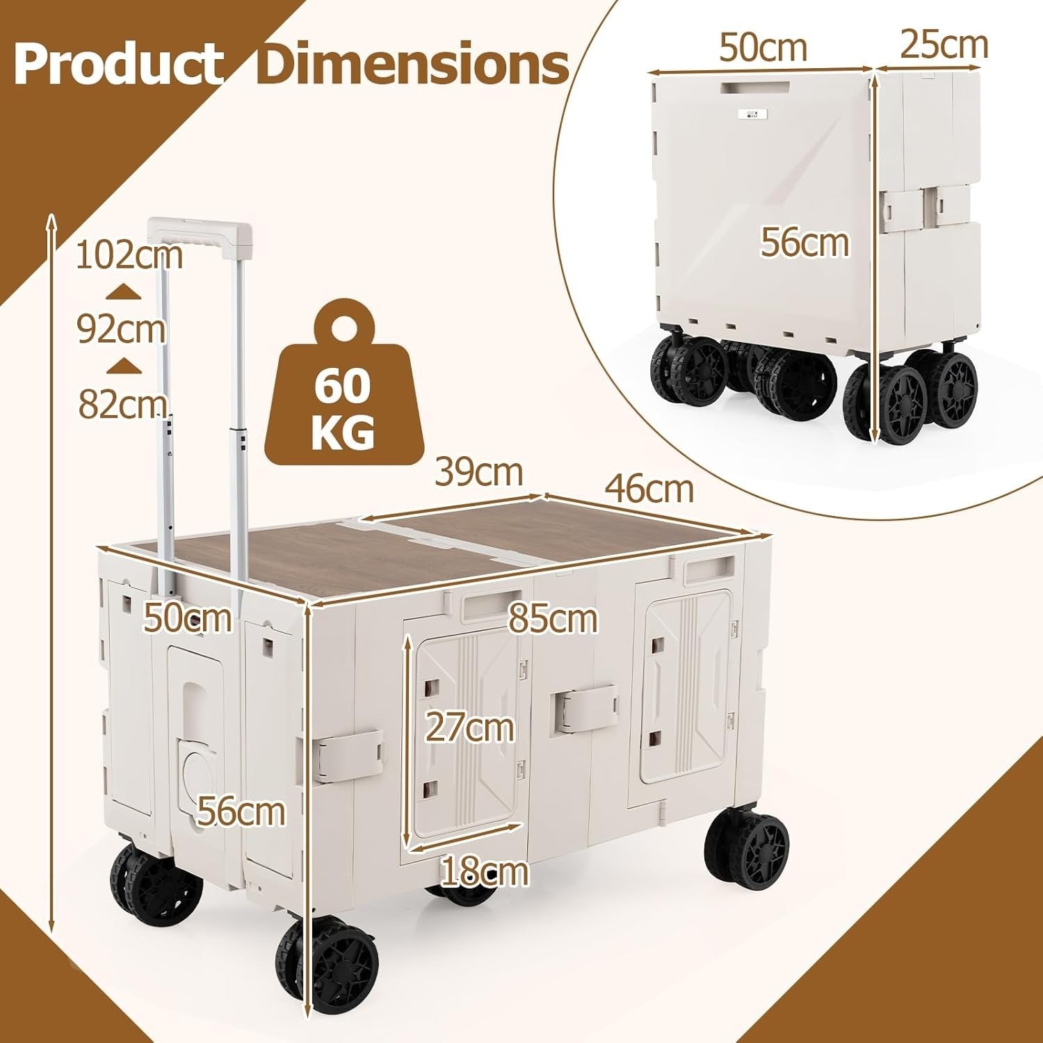 White 150L Folding Shopping Trolley Collapsible Wagon Cart w/ Telescopic Handle