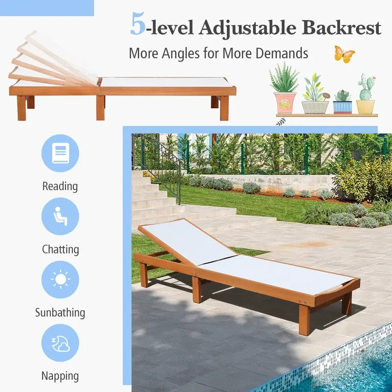 5-Position Reclining Outdoor Chaise Lounge, Adjustable Eucalyptus Sunbed