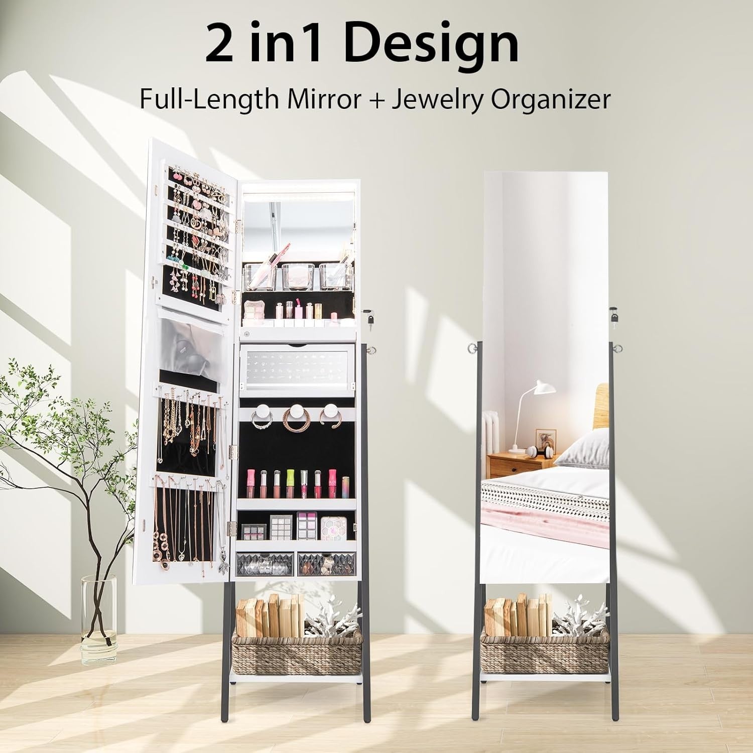 White LED Jewelry Cabinet Mirror Lockable Full Length Storage Stand