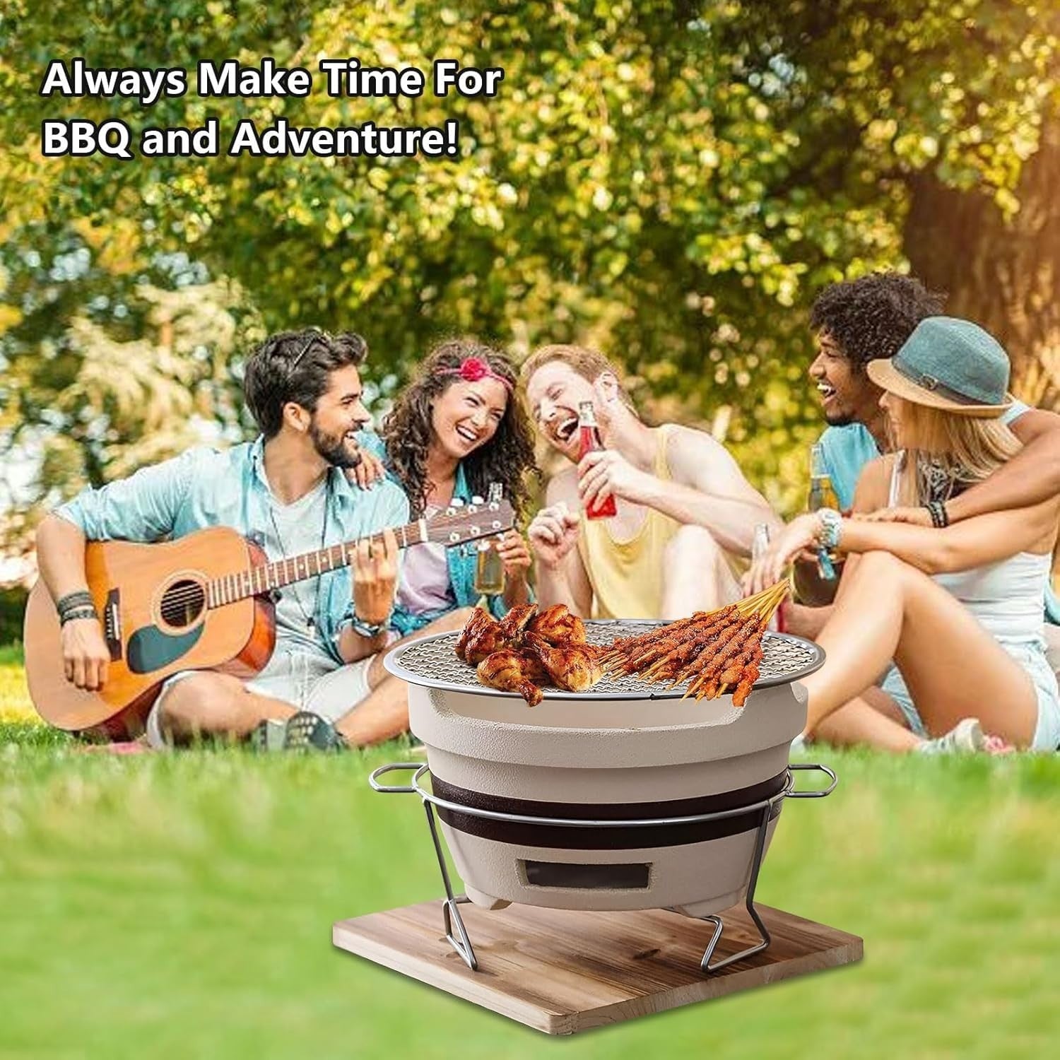 Tabletop Charcoal Grill Pottery Clay BBQ Stove with Mesh Rack Camping Patio
