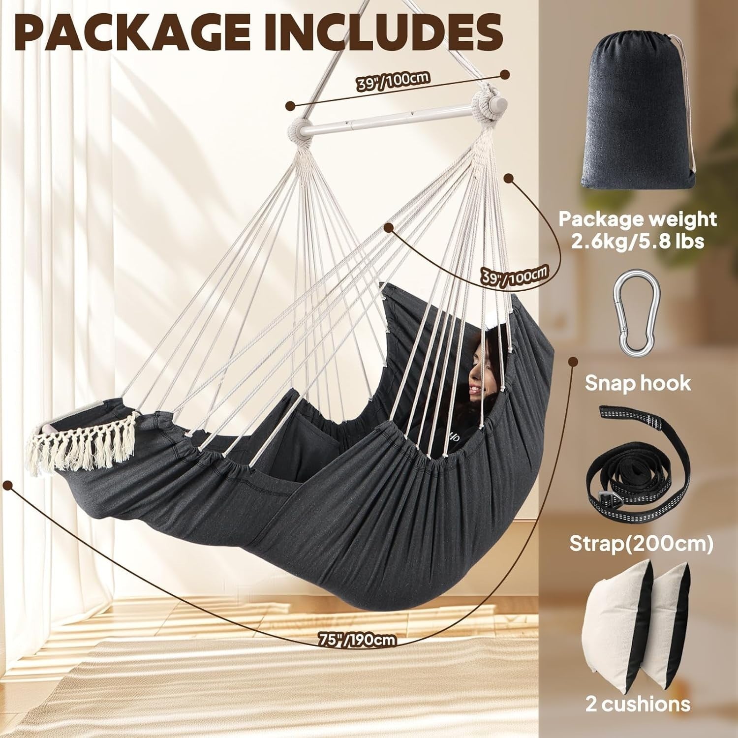 Hammock Chair with Footrest & 2 Cushions | 550lbs Heavy Duty Indoor Outdoor