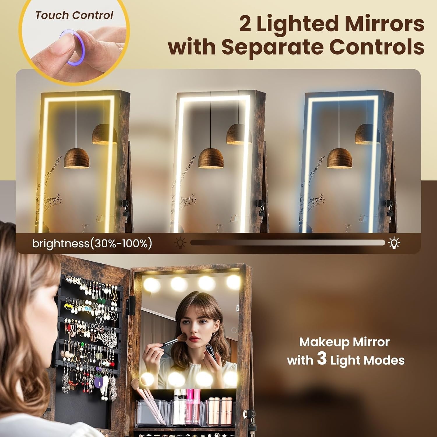 Rotating Jewelry Cabinet LED Mirror Lockable Freestanding Storage Organizer