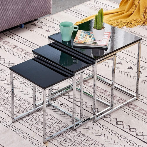 3PCS Black Modern Nesting Side End Table Set Metal Legs Wood Board Square
