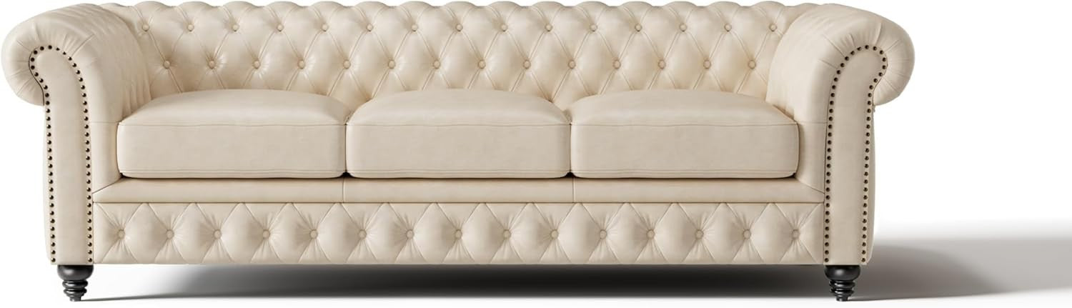 92" Beige Leather Chesterfield Sofa Full Aniline Tufted Luxury Couch