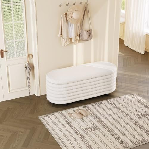 Miuuod Oval Storage Ottoman Bench 116.5cm Sherpa Fabric Cream White
