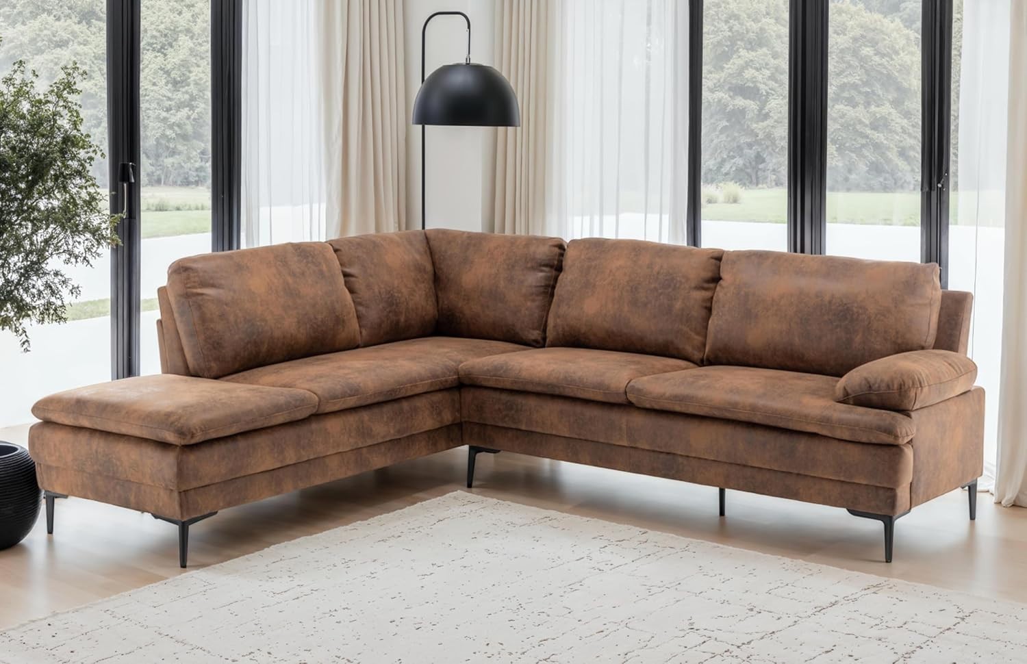 Brown Faux Leather 4-Seater L-Shaped Corner Sofa with Chaise, Plush Cushions