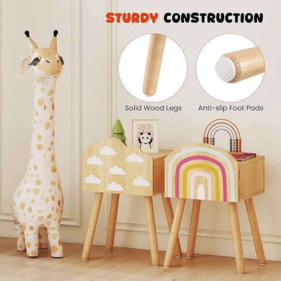 Kids Bedside Tables Set of 2 – Solid Wood Legs, Cute Door Cabinet Storage Units