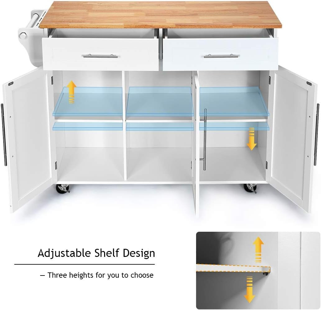 Kitchen Island Cart with Drawers Cabinets Lockable Wheels Solid Wood Top