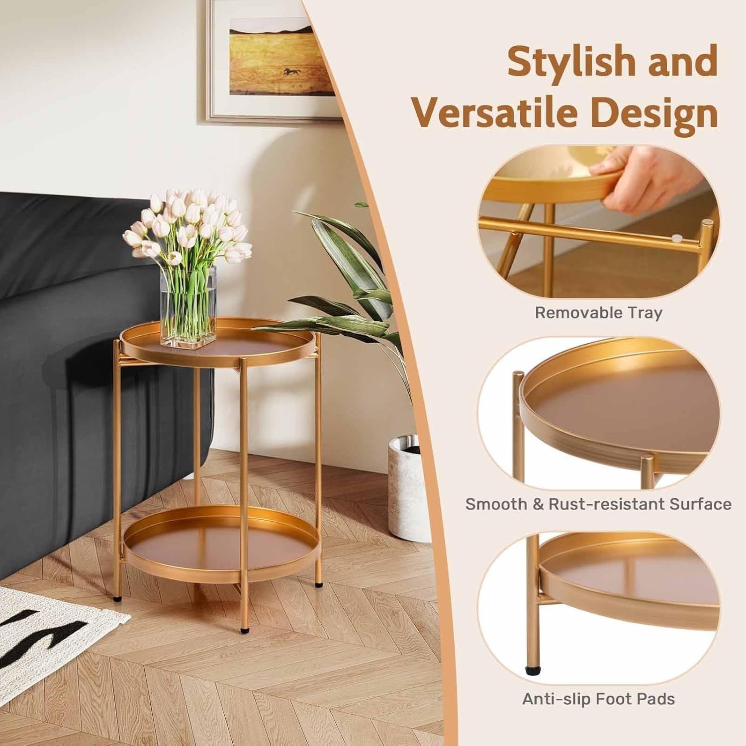 Gold Metal Round Side Table – 2 Tier Removable Tray, Small Coffee Table