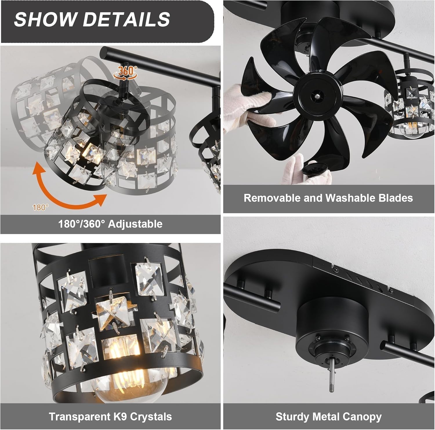 100cm K9 Crystal Ceiling Fan Light, 6-Speed, APP & Remote, Black