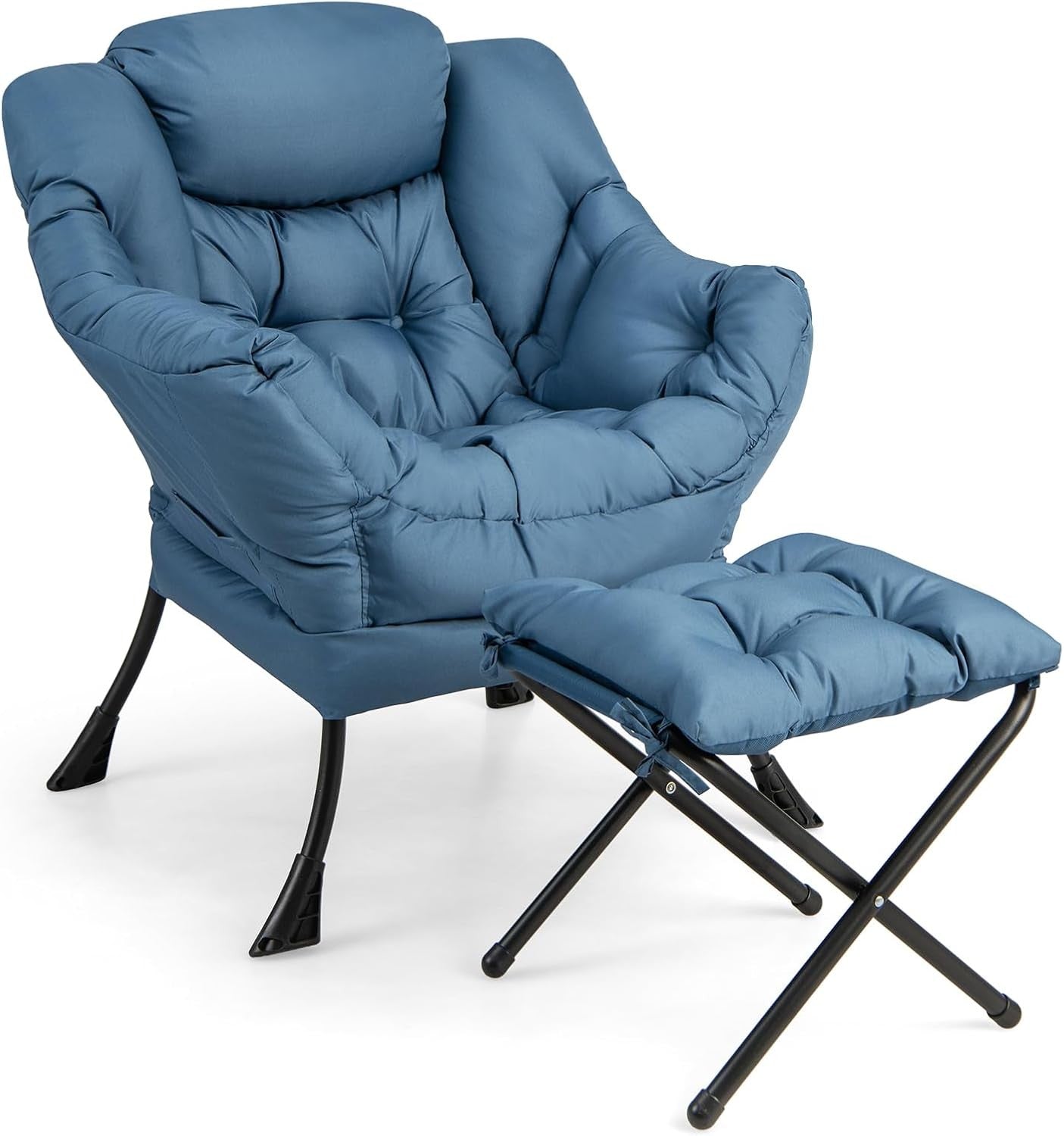 Fabric Lounge Armchair with Footstool Comfy Reading Chair Navy