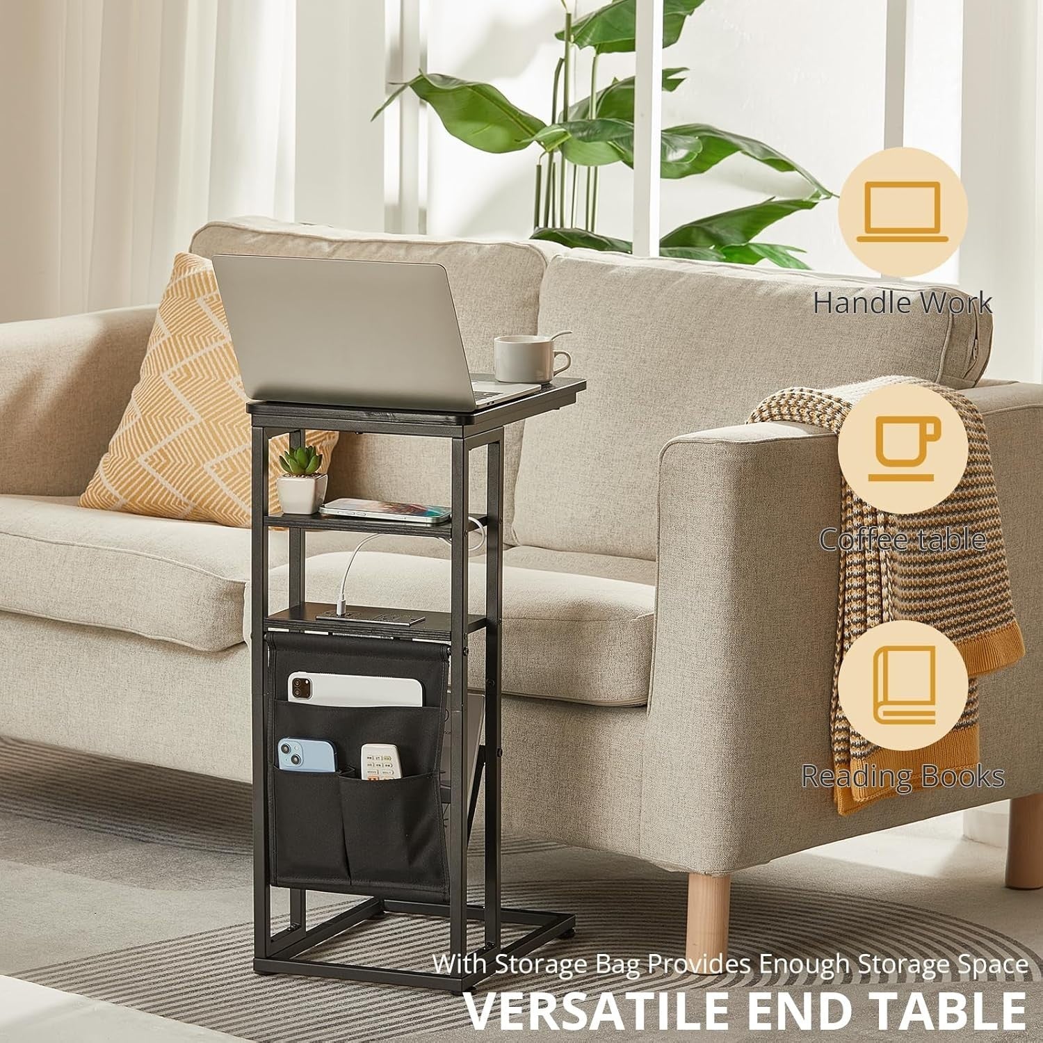 C-Shaped End Table with Charging Station, Storage & Slim 3-Tier Design