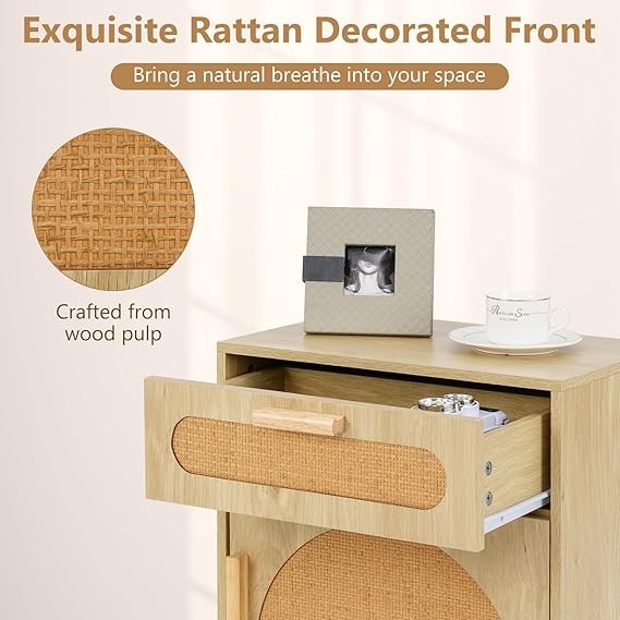 Boho Rattan Bedside Tables Set of 2 – Wooden Nightstands with Drawer & Door