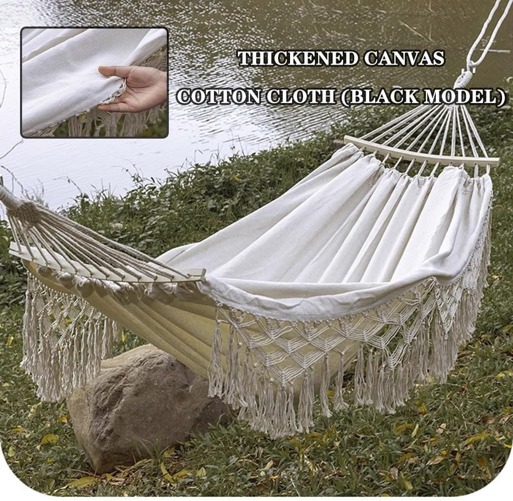 2-Person Double Canvas Hammock with Tassels, Anti-Rollover Wooden Poles
