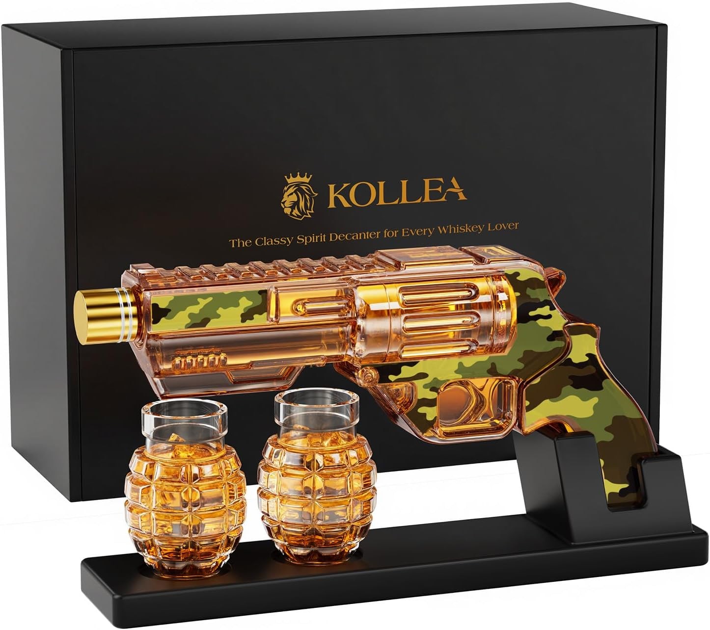 Camouflage Gun Whiskey Decanter Set with Grenade Shot Glasses & Stand 380ml