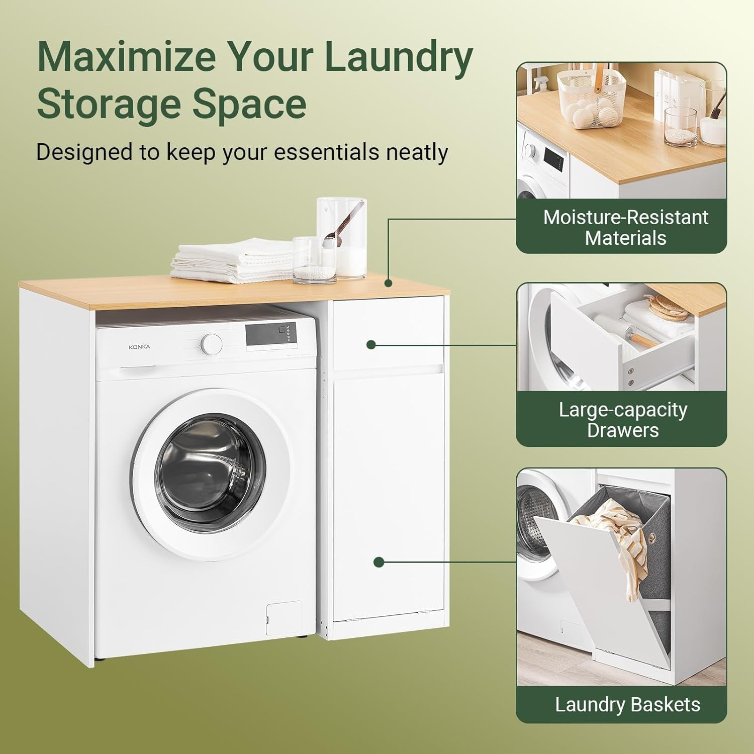 Washing Machine Cabinet with Laundry Basket Drawer Storage Unit White