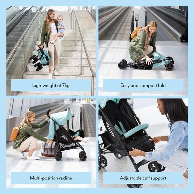 Lightweight Compact Stroller Travel Pushchair Multi-Recline 0-15kg Mint