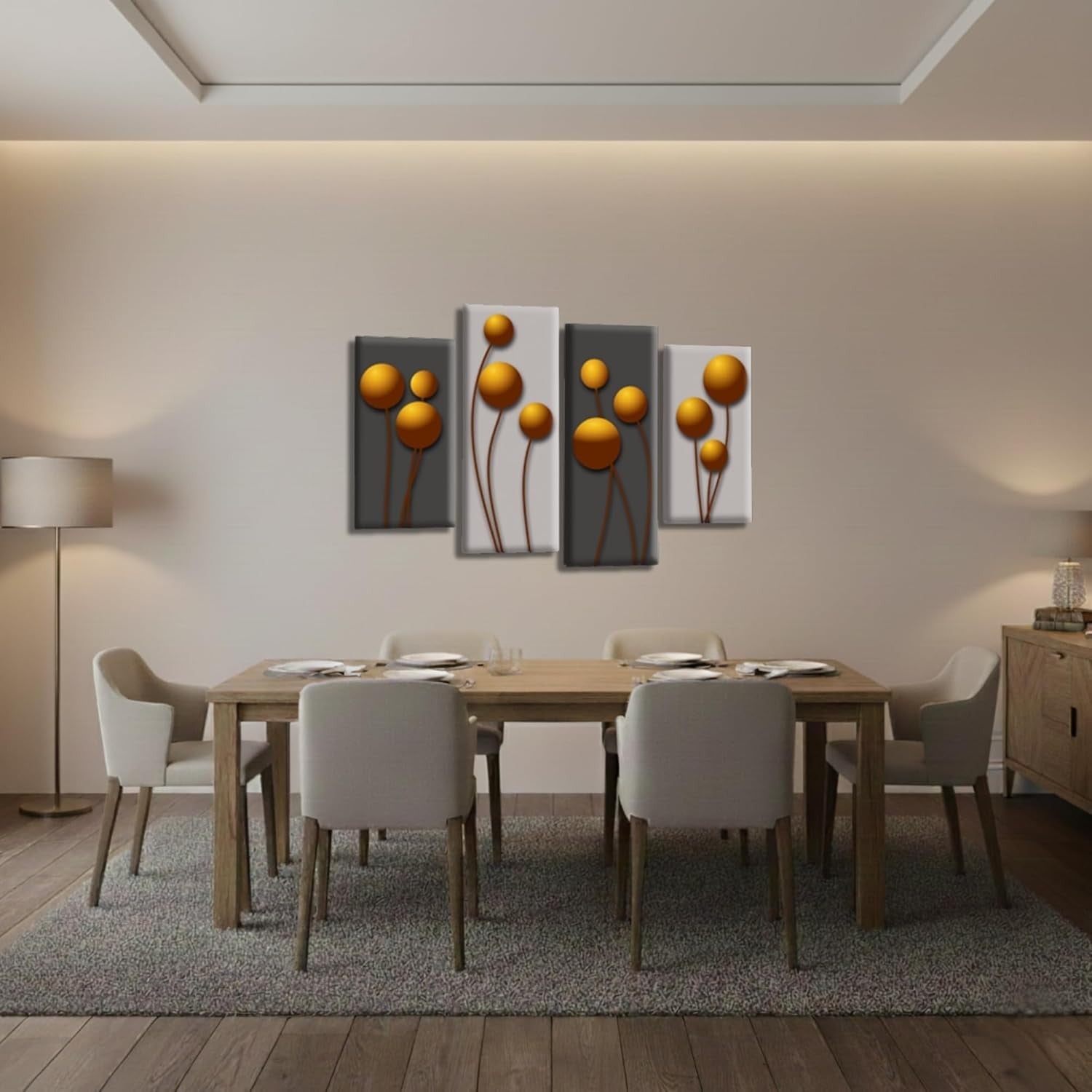Orange Floral Canvas Wall Art Set 4 Panel Grey Modern