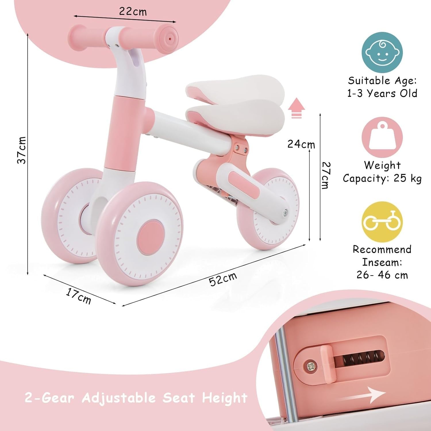 Baby Balance Bike Foldable Toddler Walker Adjustable Seat 1-3 Years Pink