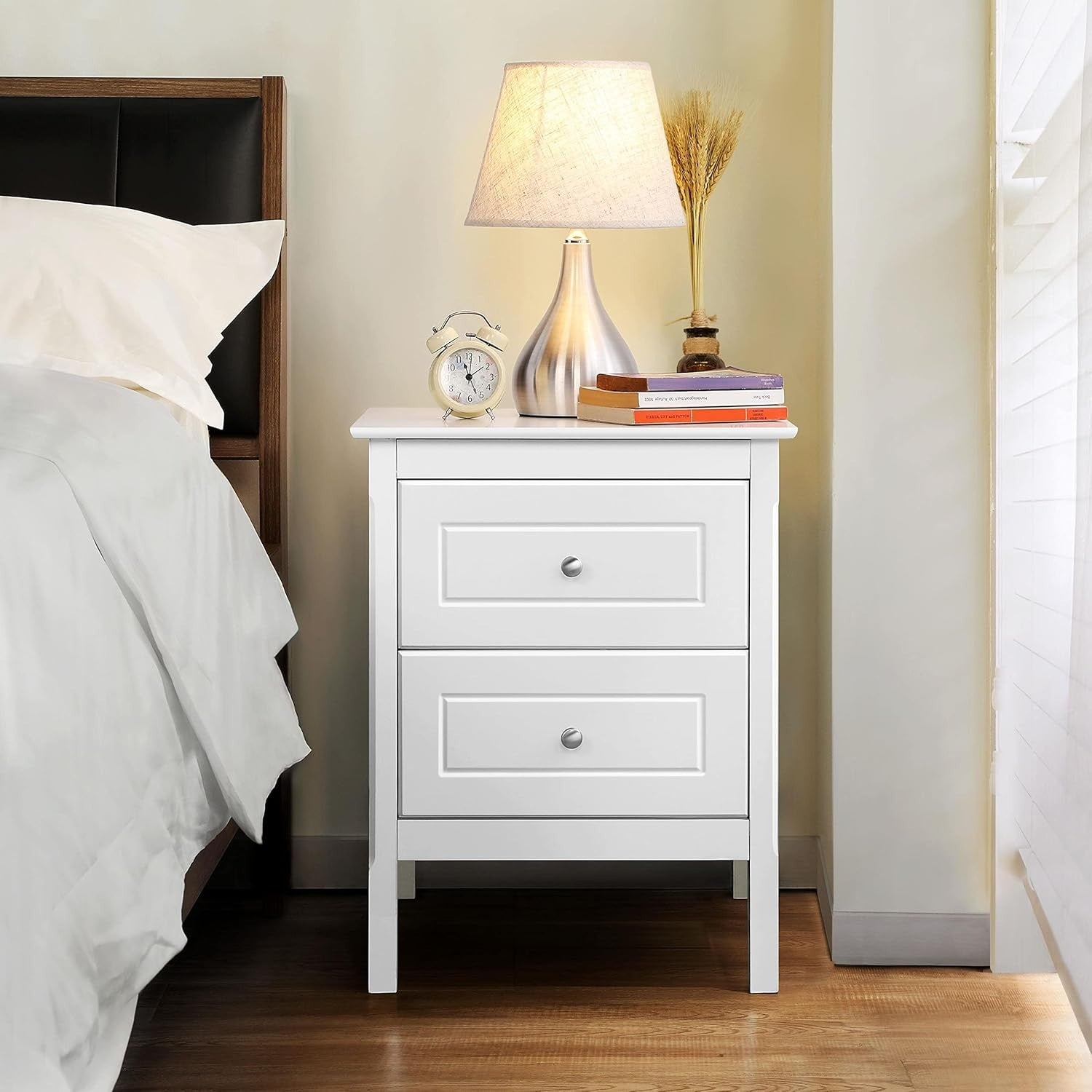 White Bedside Tables Set of 2 with Drawers, Wooden Nightstands