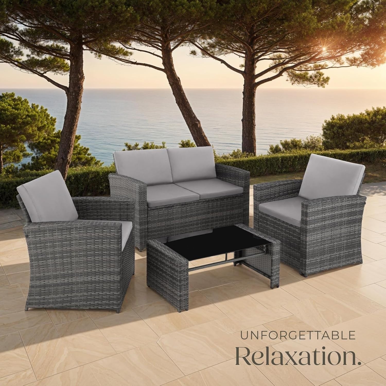 Rattan Garden Furniture Set 4 Seater Sofa Chairs Table Grey Cushions