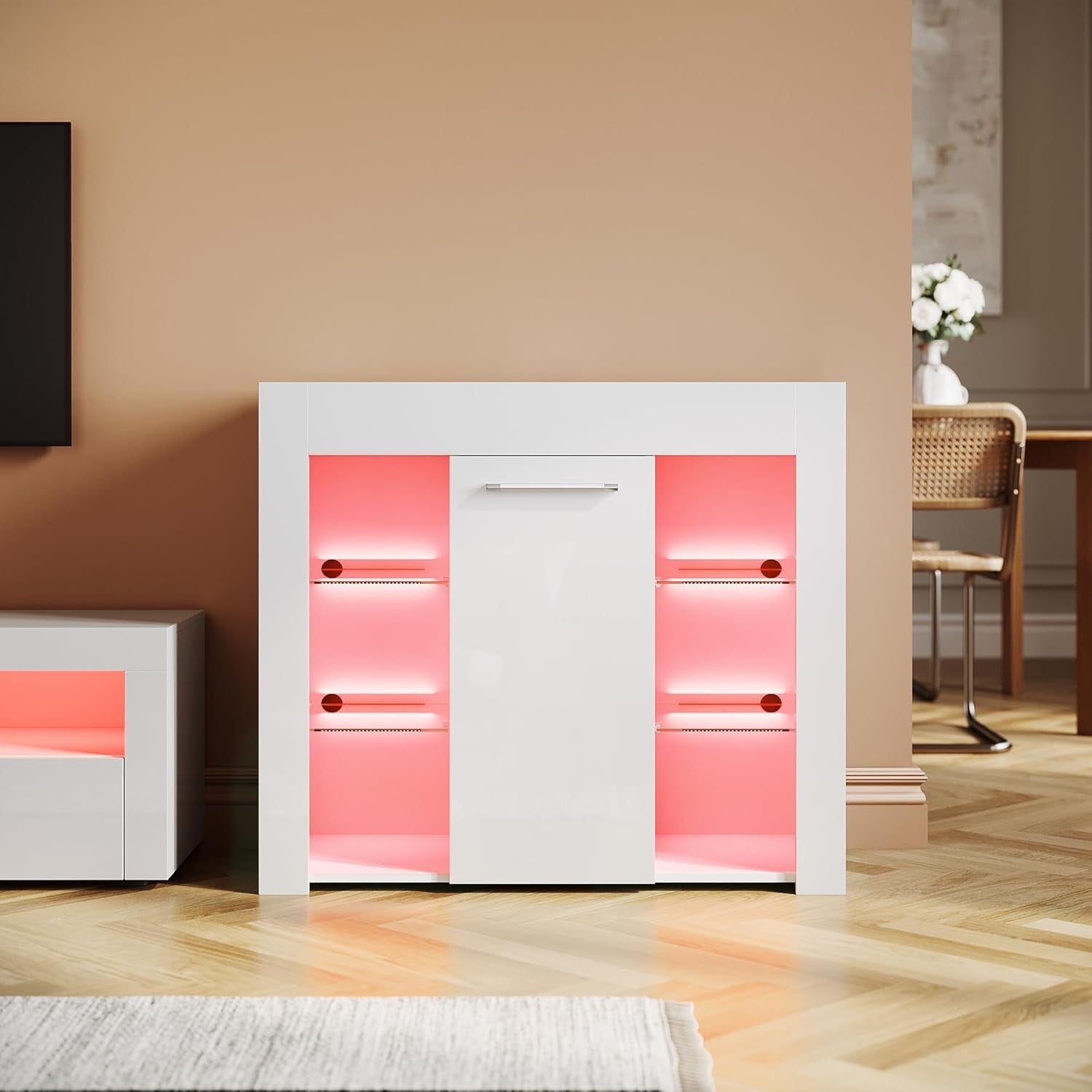 High Gloss LED Sideboard Display Cabinet with Glass Shelves White 83cm