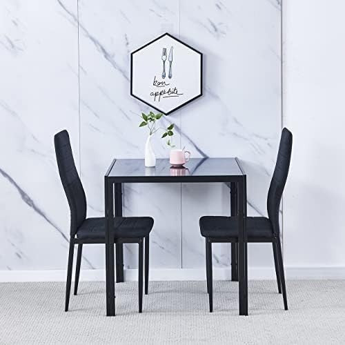 Square Glass Dining Table Set 75cm Black Linen Chairs 2 Seater Compact