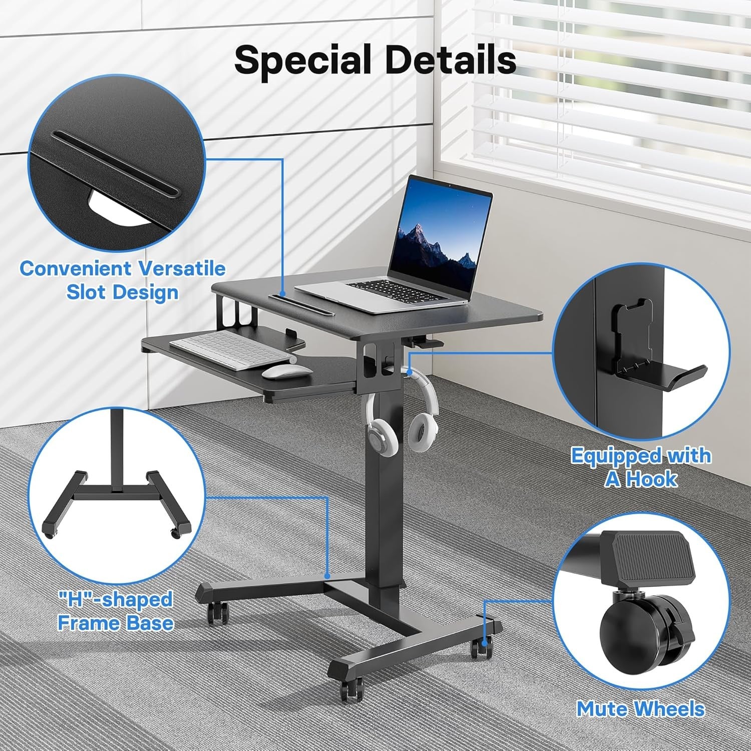 Height Adjustable Mobile Standing Desk on Wheels Laptop Workstation Black