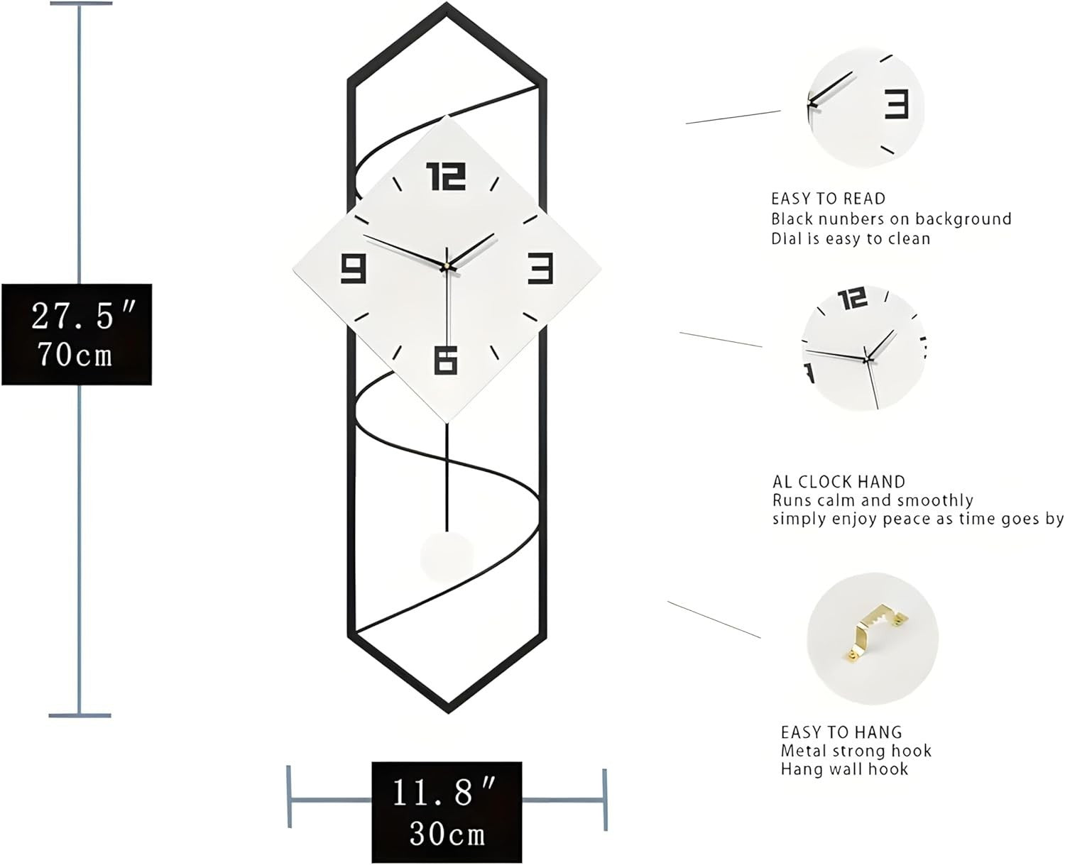 Modern Silent Pendulum Wall Clock 70cm Black White for Living Room Décor
