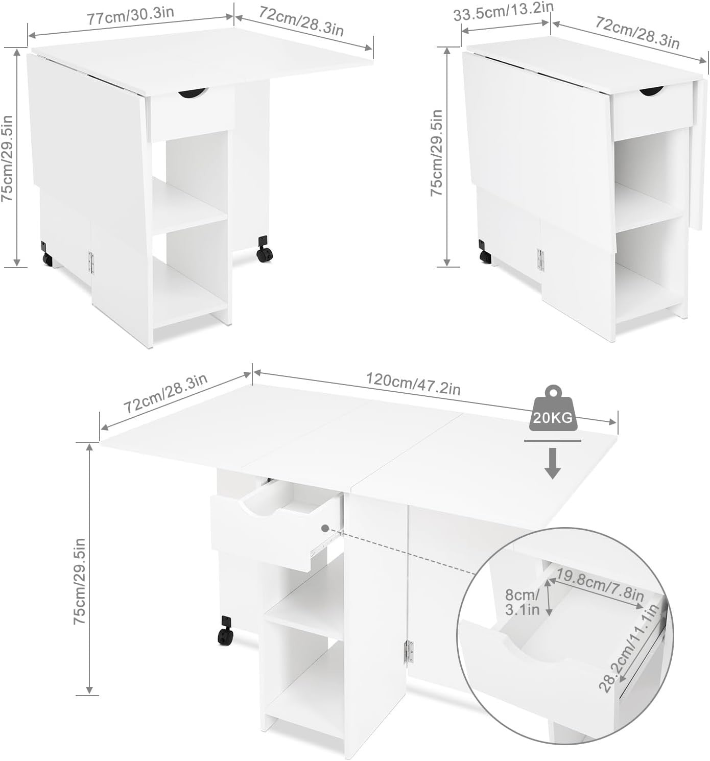 Folding Drop Leaf Dining Table w/ Wheels, Storage & Drawer for Small Space