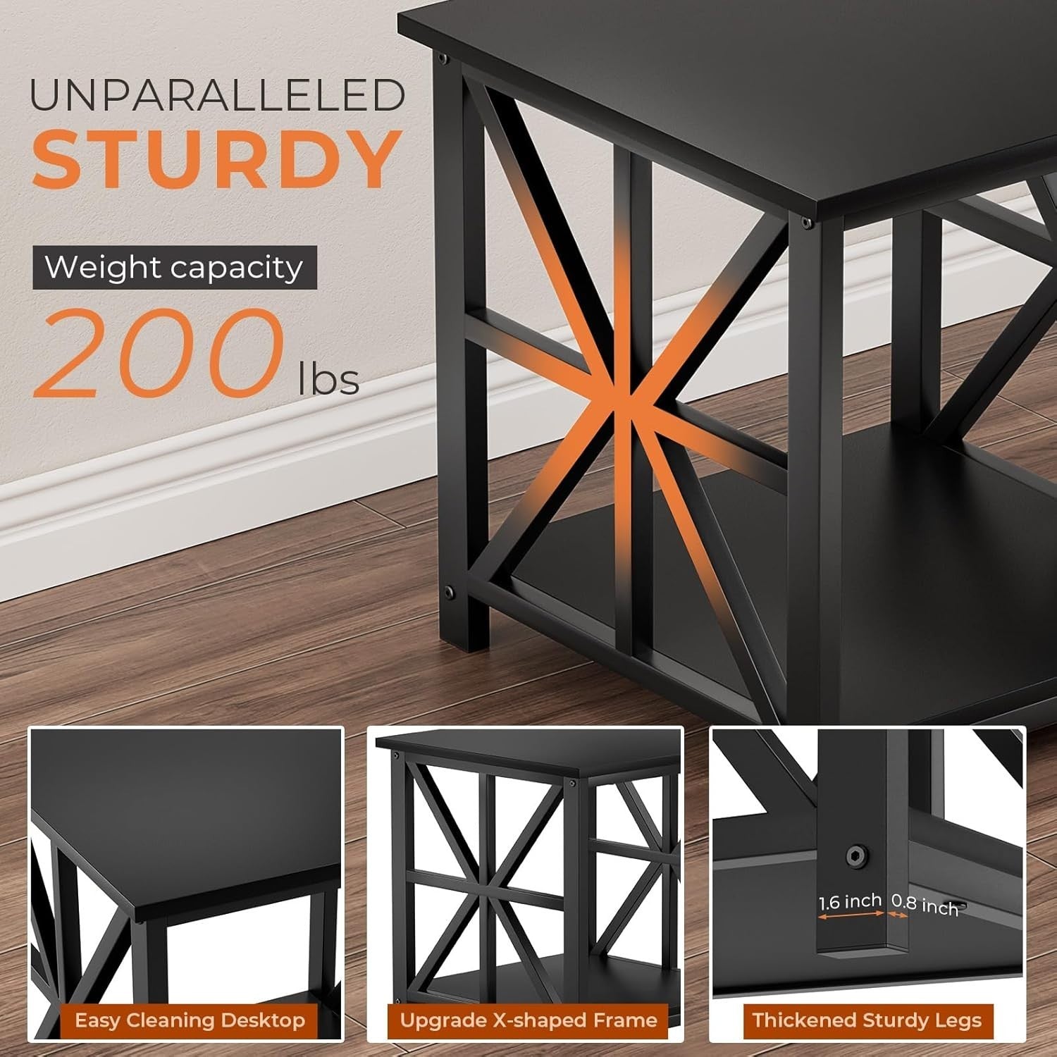 Black 2-Tier Square Side Table 50x50x50 cm | Farmhouse End Table w/ Storage