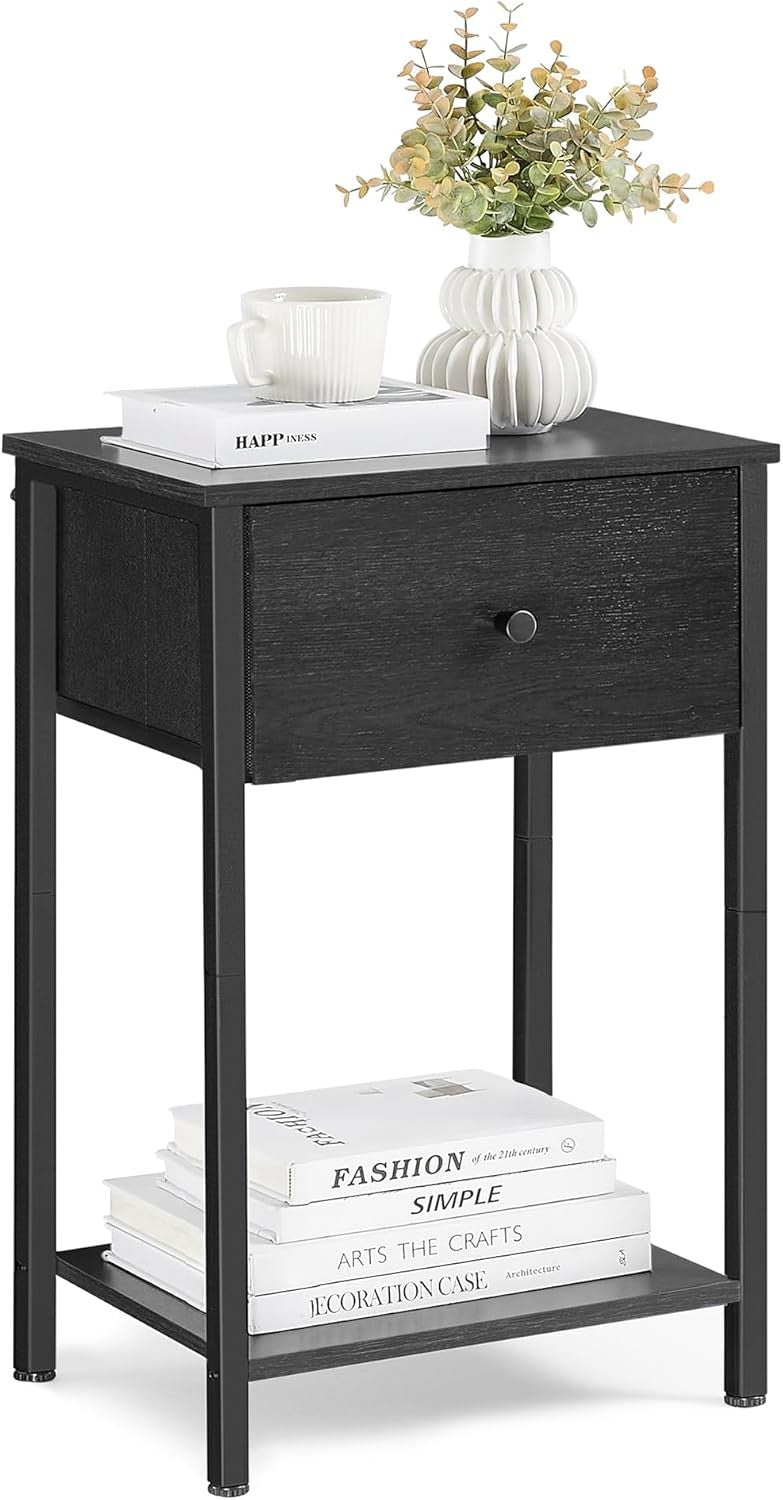 Tall Bedside Table with Drawer & Shelf, Modern 24-Inch Nightstand in Black
