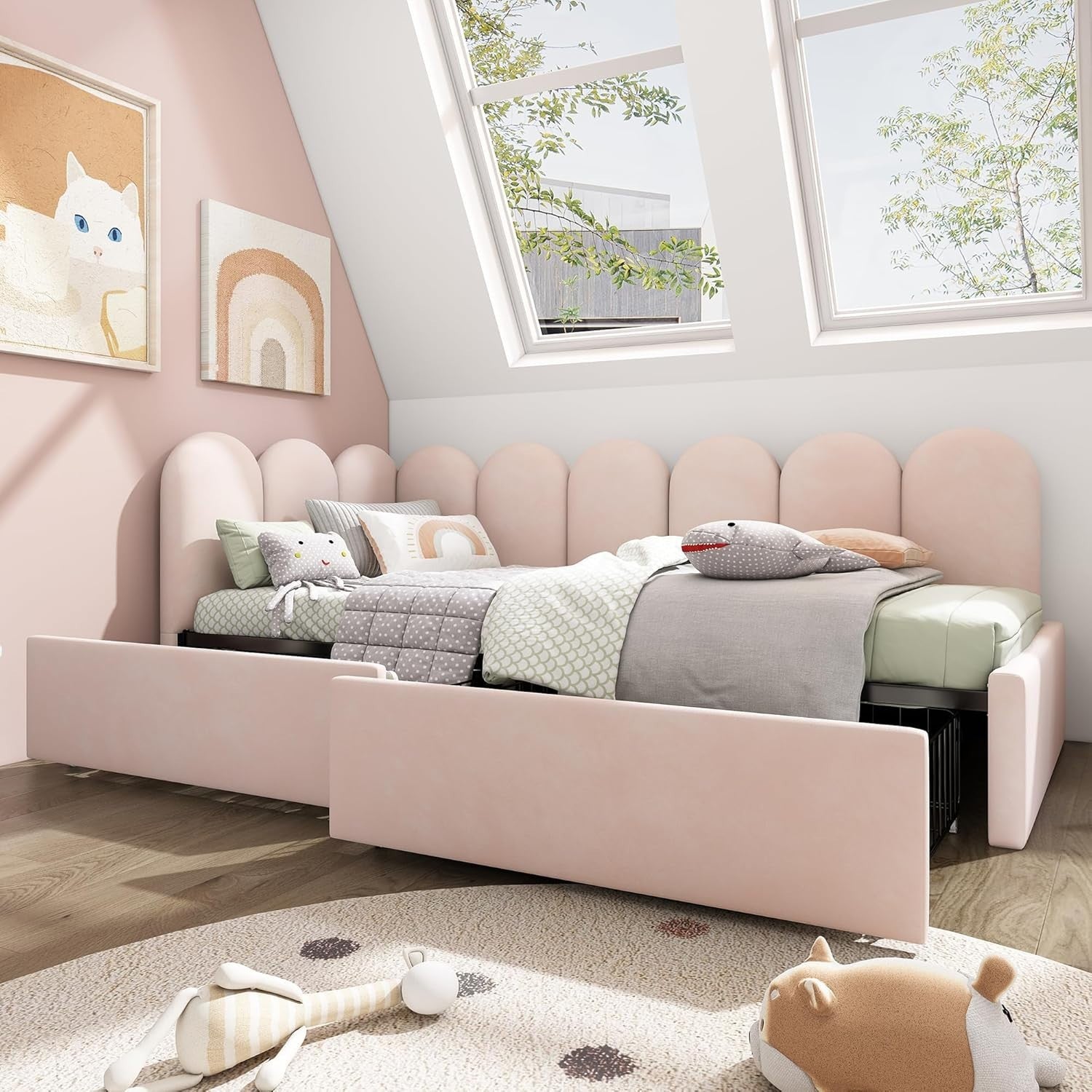 Pink Velvet Daybed Sofa Bed with Storage Drawers 3FT Single Kids Room