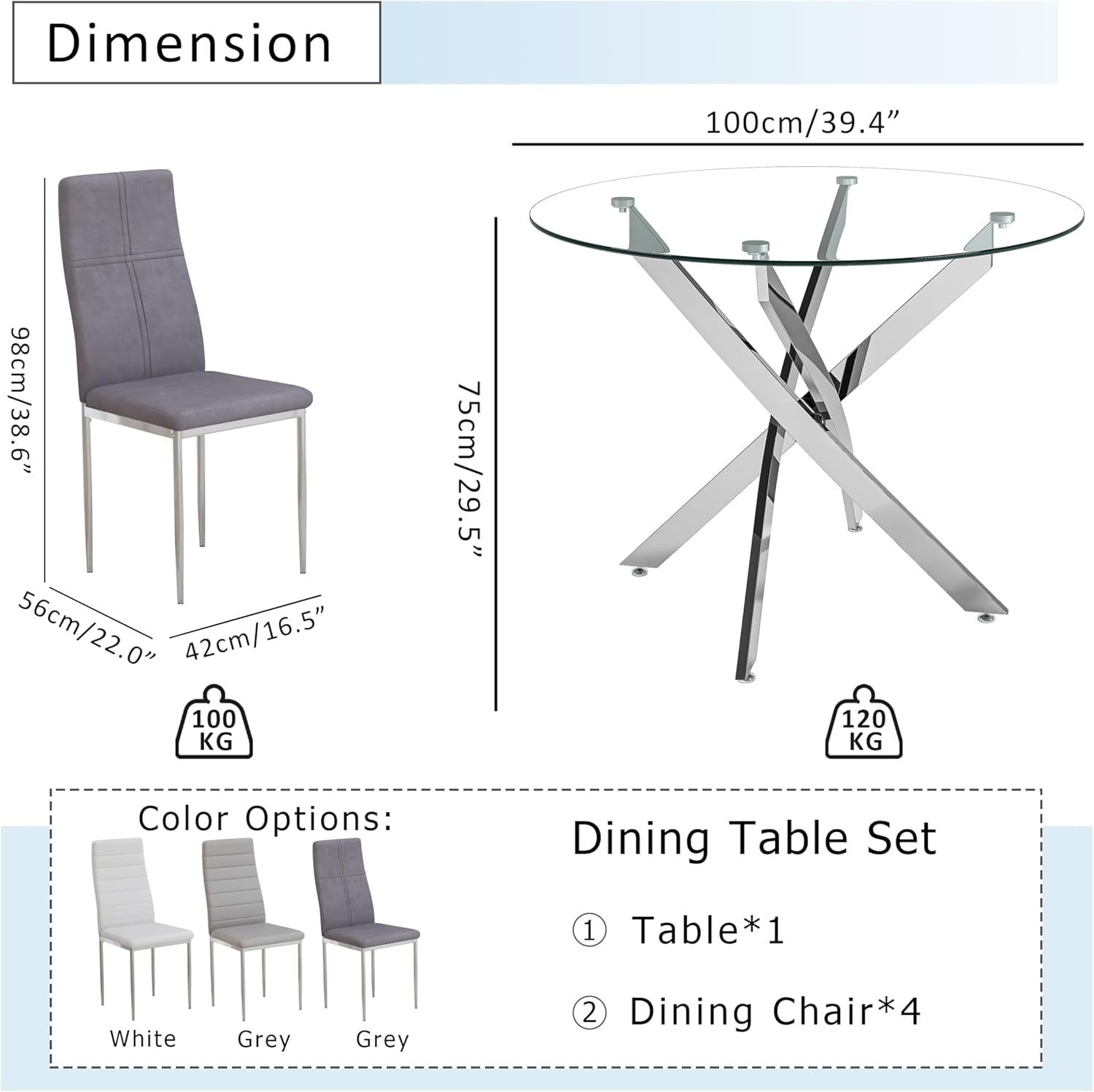 Round 100cm Glass Dining Table 4 Velvet Chairs Modern Kitchen Set