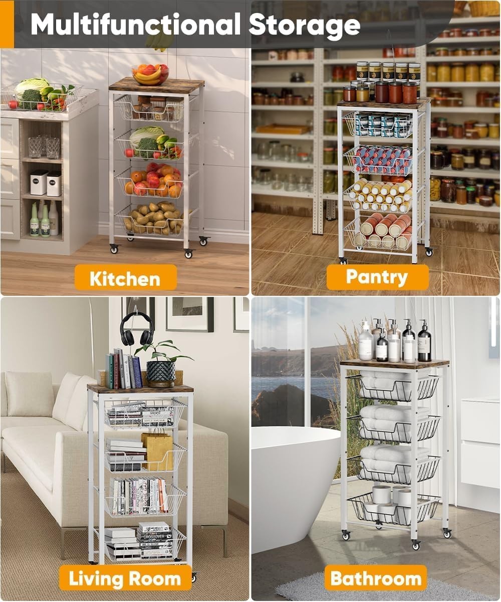 5 Tier Kitchen Storage Cart Pull Out Wire Basket Fruit Vegetable Trolley