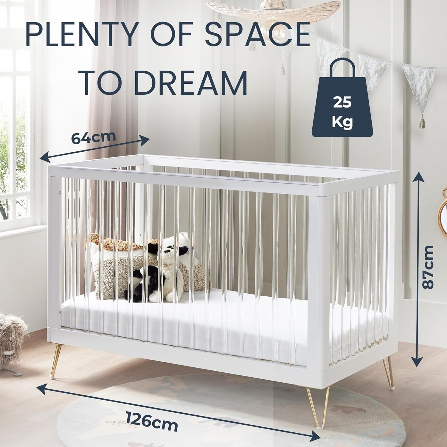 Acrylic Baby Cot Bed Convertible Toddler Bed Adjustable Height Modern Design