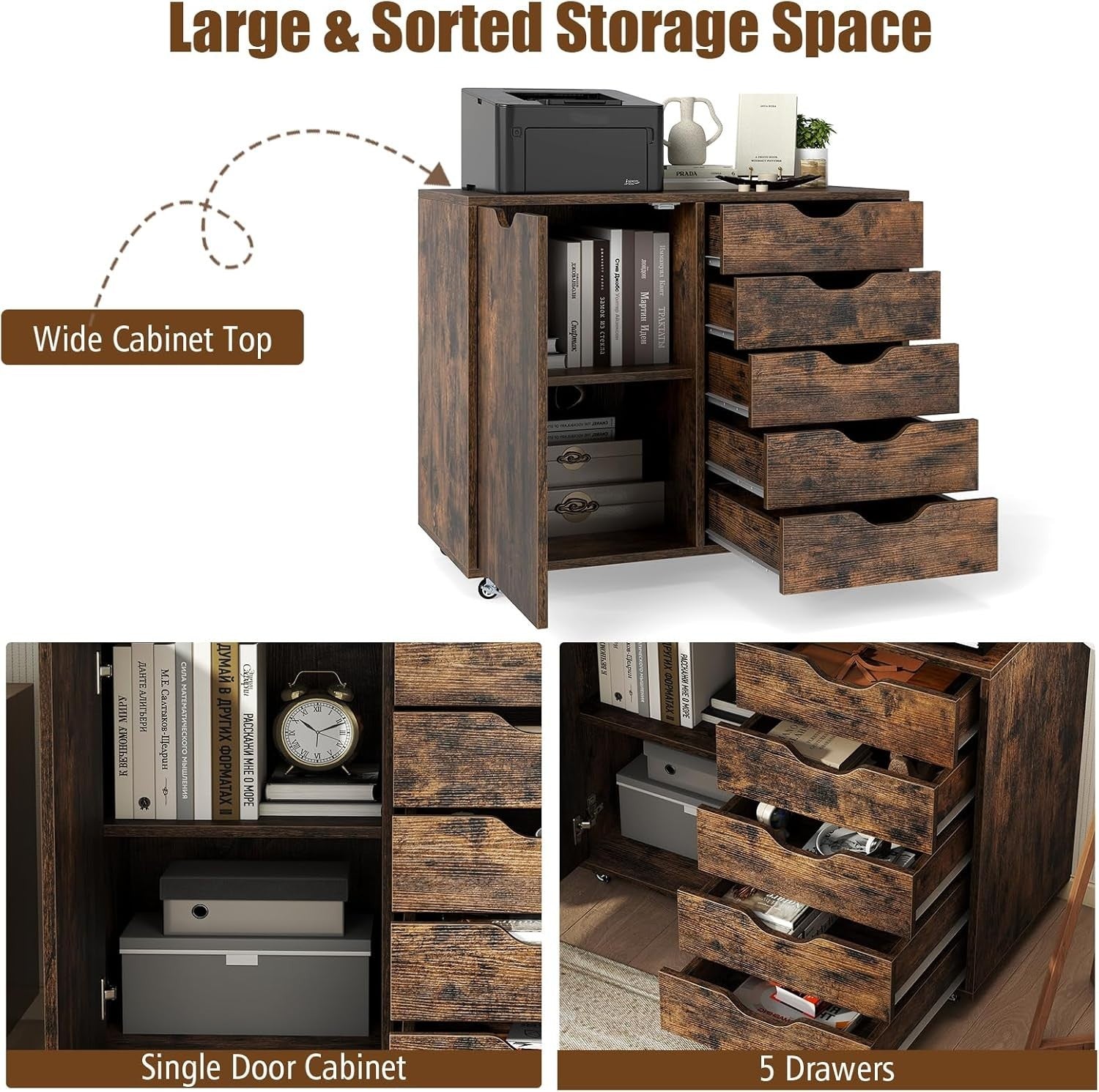 Mobile 5 Drawer File Cabinet with Side Cupboard Rolling Office Storage